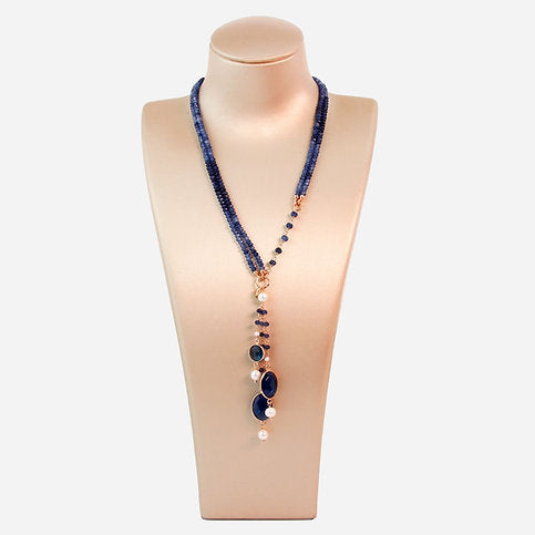 Aquarelle Necklace - Sapphire Blue Agate and Pearls