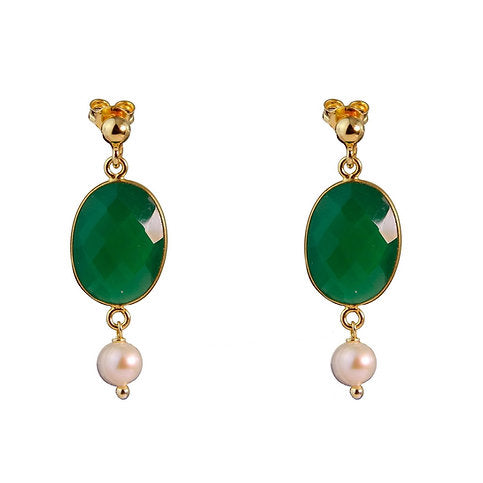 Aquarelle earrings - emerald green agate and cultured pearls