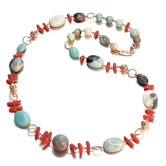 Collana lunga - corallo rosso e amazzonite
