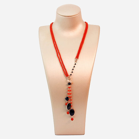 Aquarelle Necklace - Black Agate and Red Bamboo Coral