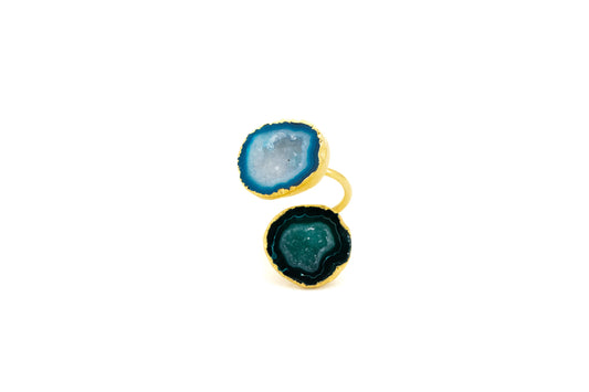 Anello ottone due pietre tonde Geode blu e verde