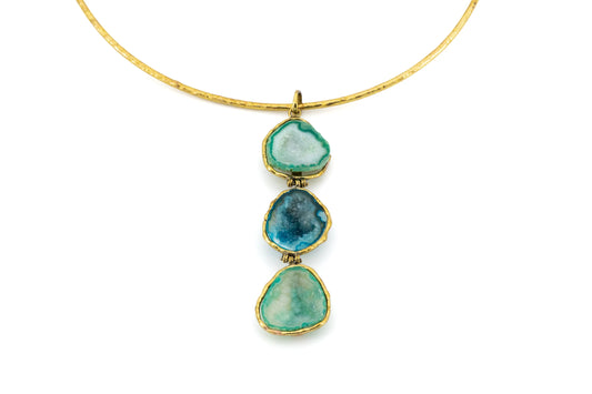 Brass Choker Three Stones Pendants Geode Green and Blue