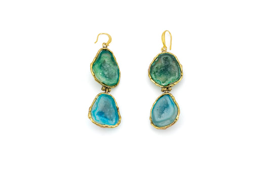 Brass earrings two pendant stones Geode green and blue