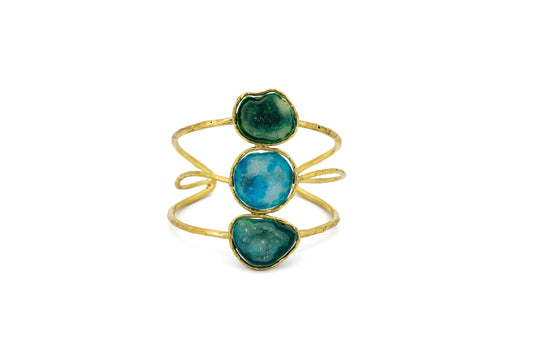 Bracciale ottone fascia tre pietre Geode verde e blu
